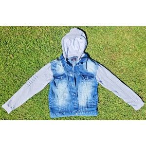 South Pole Men’s Paint Splash Blue Denim & Gray Removable Hoodie Jacket Size L